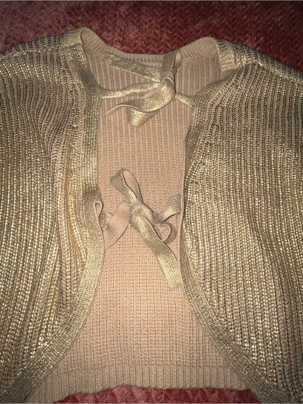 Kika Vargas Gold Metallic Knit Bow-Front Cardigan